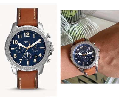 FOSSIL 藍色錶盤 棕色皮革錶帶 石英 三眼計時 男士手錶 FS5602