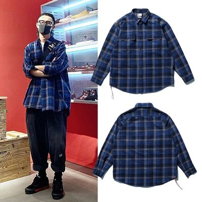 現貨-BEAMS JAPAN SSE 藍色格子條紋紅繩日系余文樂寬松長袖襯衫外套男簡約