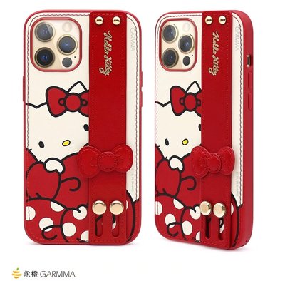 GARMMA Hello Kitty iPhone 12系列 手掌帶燙金皮革保護套 蝴蝶朵朵
