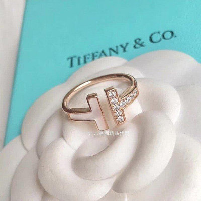 Tiffany&amp;co. 蒂芙尼 女士Tiffany T系列18k玫瑰金鑲嵌珍珠母貝和鑽石方形戒指
