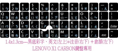 ◎訂製鍵盤貼紙LENOVO-X1-CARBON鍵盤專用‧英文(左上+注音(右上+倉頡(左下．1.4x1.3cm．黑底彩字