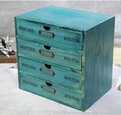 ((台灣現貨))51002四層懷舊復古藍木質整理盒首飾盒辦公桌收納抽屜櫃抽屜式收納盒桌上型收納櫃