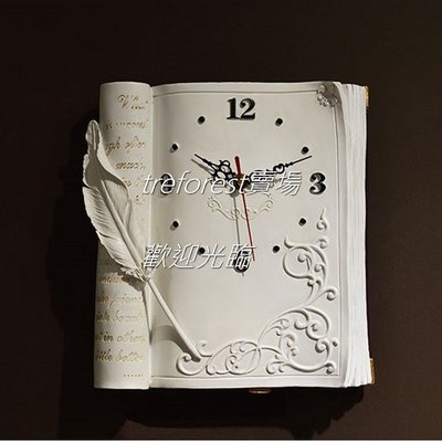 19E90 白色小號靜音書本掛鐘手工彩繪樹脂材質歐式復古臥室客廳擺件座鐘造型時鐘