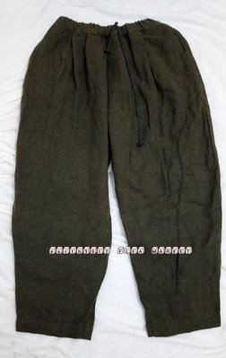 [新品-有吊牌] Antiquites ICHI墨綠色 腰鬆緊綁帶 無彈性麻毛料寬鬆 厚重長褲 日本製造