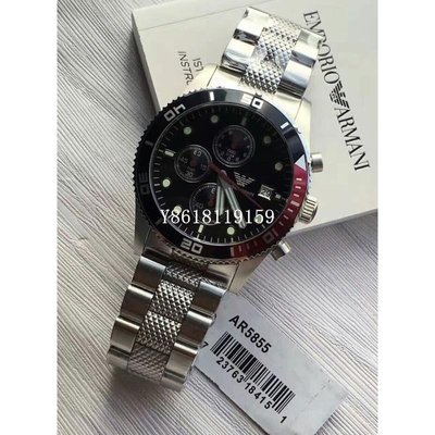 EMPORIO ARMANI / AR5855三眼計時黑色字母版銀/不銹鋼錶帶男款手錶 /正品