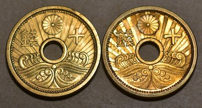 [  pppp賣場 ]  大日本昭和十四年, 十五年 黃銅幣十錢, 共兩枚 保真