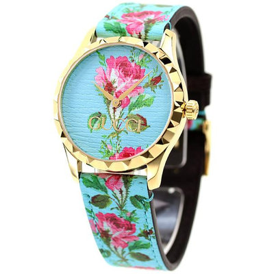 GUCCI  古馳 YA1264085 手錶 38mm 花卉圖案面盤 藍寶石鏡面 皮革錶帶 女錶 男錶