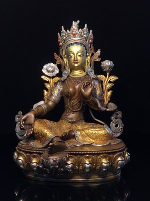 尼泊爾工藝純銅畫臉綠度母佛像，重3.5公斤，90080R