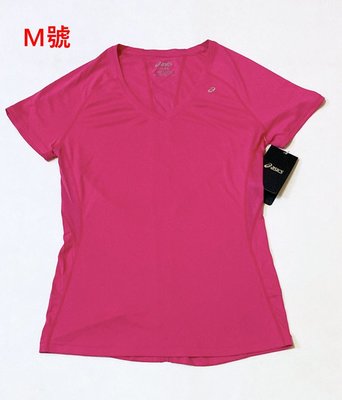 【免運費】ASICS 亞瑟士 女V領短袖慢跑上衣 運動上衣 運動T恤 玫紅色 M號 WR1648 全新正品