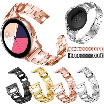 20mm通用錶帶 適用於三星galaxy watch active 2不銹鋼金屬鑲鉆D字鏈式表帶華為GT2 42MM錶帶