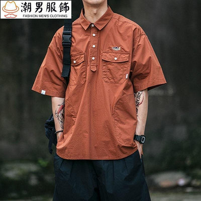 新品 休閒時尚T恤 polo短袖 短袖上衣 POLO衫 夏季日系復古工裝POLO領短袖襯衫男潮牌新款翻領休閒T恤短袖上-