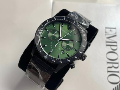 EMPORIO ARMANI Mario 綠色面錶盤 黑色不鏽鋼錶帶 石英 三眼計時 男士手錶 AR11472