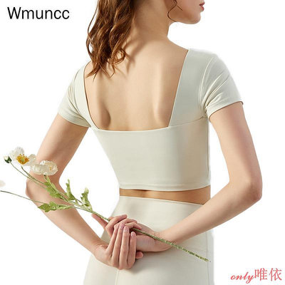 Wmuncc 運動短袖女裸感方領瑜伽服帶胸墊健身T恤