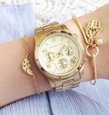 MICHAEL KORS Runway 金色調錶盤  金色不鏽鋼鋼帶 三眼計時 石英 女士手錶 MK5055腕錶