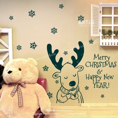 阿布屋壁貼》聖誕快樂 Merry Christmas O-M ‧ 麋鹿喝咖啡 耶誕節璧貼 雪花紛飛櫥窗佈置