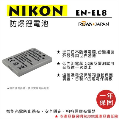 全新現貨@樂華 FOR Nikon EN-EL8 相機電池 鋰電池 防爆 原廠充電器可充 保固一年