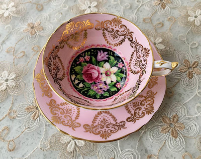 帕拉貢Paragon粉色花卉描金咖啡杯