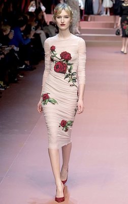 Dolce款式 經典玫瑰花西西里島 性感貼身抓皺網紗洋裝