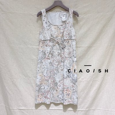 CIAO/SH 名牌精品店 CHANEL 白色97%棉 手繪滿版山茶花圖 腰可綁帶無袖洋裝