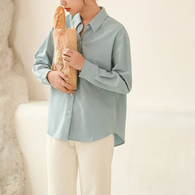 慵懶風寬鬆襯衫 日系簡約設計感襯衫 法式純色襯衫 氣質寬鬆襯衫 藍色 韓系 SISTERXOXO KOREA