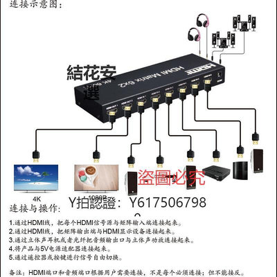 切換器 2.0版HDMI切換器6進2出矩陣4K60HZ高清帶光纖AUX音頻口支持3D/HDR