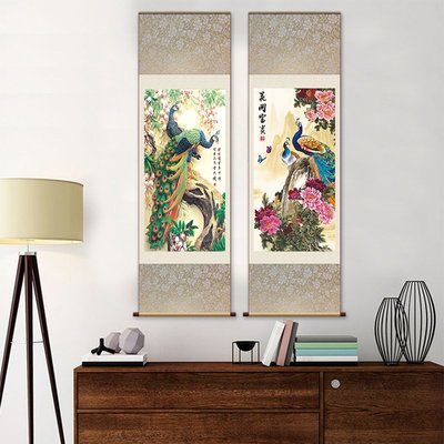 國畫丹鳳朝陽花鳥畫孔雀開屏掛畫孔雀如意富貴圖客廳裝飾畫絲綢畫