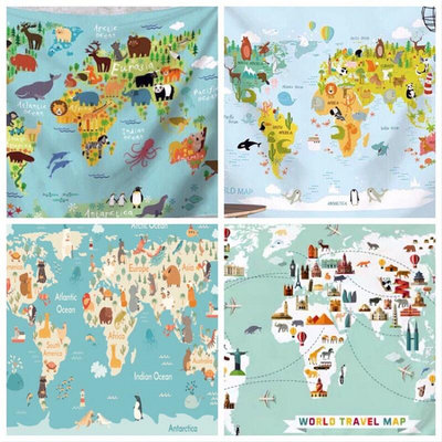 【臻上严选】可愛動物世界地圖掛布 背景布 直播 學校佈置 世界地圖 掛毯 桌巾 裝飾 家居