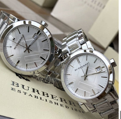 BURBERRY 銀色錶盤 銀色不鏽鋼錶帶 石英 男女手錶 情侶對錶 BU9000/BU9100