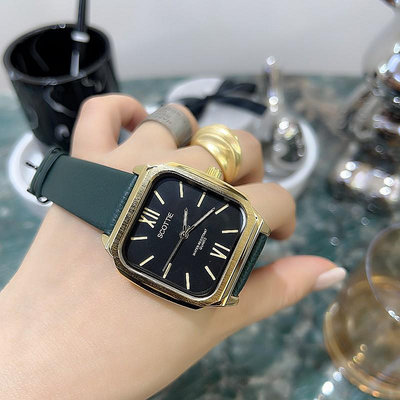 熱銷 詩高迪時尚大錶盤氣質女士手錶腕錶個性霸氣中性手錶腕錶女金殼皮錶帶方形274 WG047