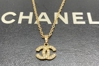 Chanel vintage香奈兒復古經典金色水鑽cc標誌項鍊