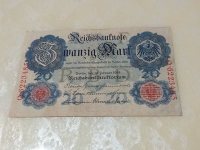 1914年 德國波蘭支羅提紙鈔面額20馬克 是8成新中折
