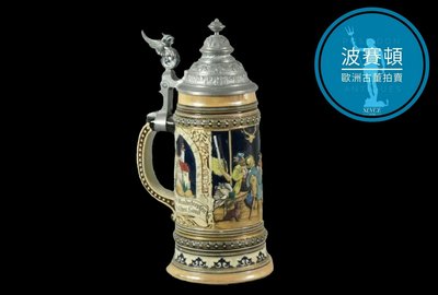 【波賽頓-歐洲古董拍賣】歐洲/西洋古董 德國古董 19世紀 陶瓷彩繪圖騰大型啤酒杯(高度：28cm)(年份：約1950年)