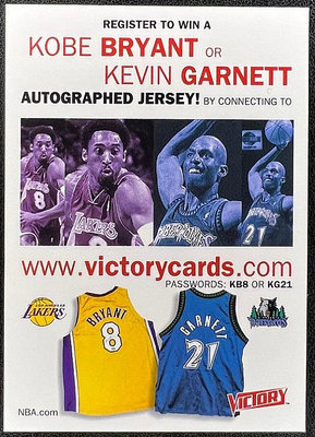 NBA 球員卡 Kobe Bryant Garnett 1999-00 Victory Register to Win