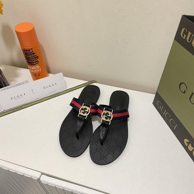 Jisoo代購 Gucci經典雙G平底拖 女款簡約紅黑條紋夾腳拖 真皮皮革新款涼鞋