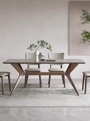 餐桌實木巖板餐桌椅組合現代簡約家用白蠟木長方型啞光家用胡桃色飯桌