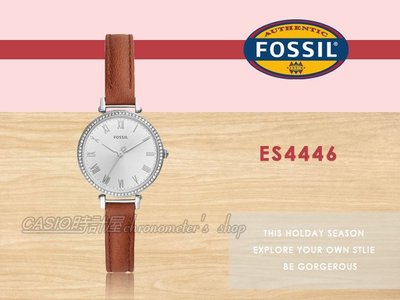 CASIO時計屋 FOSSIL 手錶 ES4446  晶鑽石英女錶 皮革錶帶 銀色錶面 防水 羅馬數字