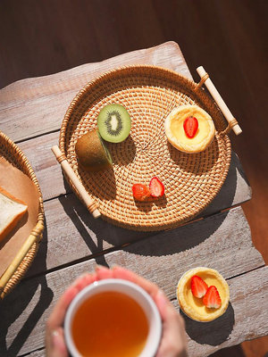 早餐籃越南手工藤編織水果盤果籃面包籃家用點心托盤竹編籃子~晴天