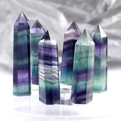 天然七彩螢石水晶柱六棱單雙尖黃綠紫藍螢石能量水晶石擺件