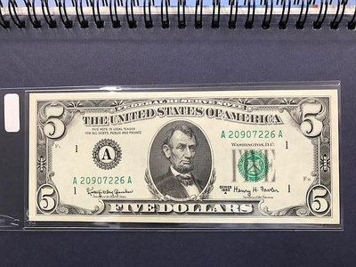1963年 1963A 全新美金 美元 5元 綠徽雙A 紙鈔 所見即所得