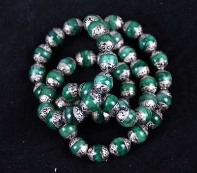 天然瑪瑙珠子鑲藏銀單株11公分50珠一串重量90克900 FY11495