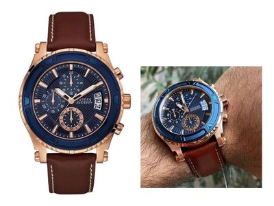 GUESS 藍色錶面盤 棕色皮革錶帶 三眼計時 男士手錶W0673G3腕錶