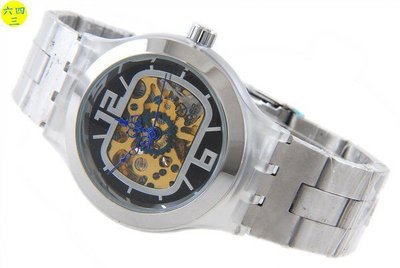 (六四三精品)GQER(真品)雙面鏤空.塑鋼半透明錶殼.不銹鋼錶帶自動上鍊機械錶!