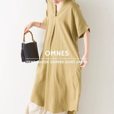 綺丹尼 日本OMNES亞麻人造絲半開襟短袖休閒洋裝 2色 日本🇯🇵直送