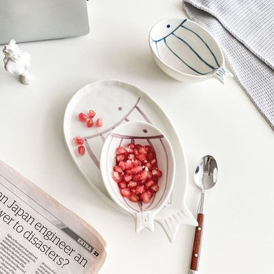 促銷打折 盤子家用手繪陶瓷ins風兒童餐具碗可愛小魚早餐碗盤簡約卡通魚盤