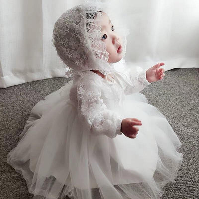 女寶禮服 禮服 嬰兒洋裝 嬰兒禮服長袖嬰兒洋裝長袖秋冬款禮服嬰兒禮服公主裙連衣裙蕾絲裙帶帽子裙含帽子
