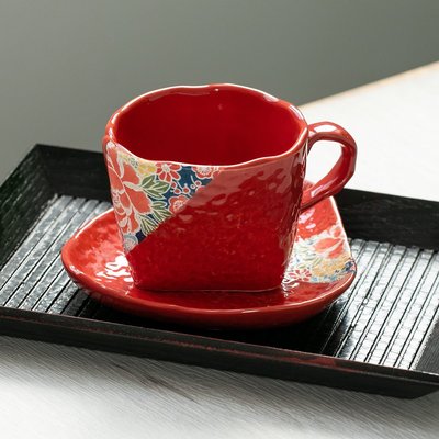 日本進口美濃燒櫻花款復古咖啡杯紅茶杯碟套裝紅色水杯~特價#促銷 #現貨