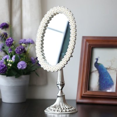 化妝鏡臺式歐式單面銀色大臺鏡水晶裝飾化妝鏡臺式公主鏡單面鏡