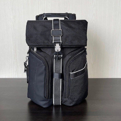 TUMI 232759 黑色 加厚尼龍拼牛皮 多夾層時尚後背包 雙肩包 獨立筆電夾層 可插行李箱 耐磨 商務 休閒 大容量 限量優惠