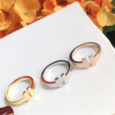 Tiffany & Co 蒂芙尼 笑臉光面 寬版 雙t戒指 字母T 925純銀電鍍厚金戒指