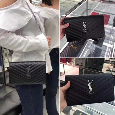 YSL MONOGRAM系列V字縫線魚子醬牛皮金屬LOGO銀鍊手拿/肩背包(黑) （紅）